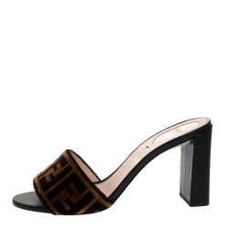 Fendi Brown/Black Zucca Velvet And Leather Slip On Slides Size 39