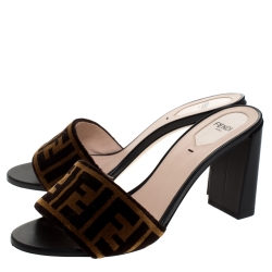 Fendi Brown/Black Zucca Velvet And Leather Slip On Slides Size 39