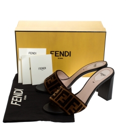 Fendi Brown/Black Zucca Velvet And Leather Slip On Slides Size 39