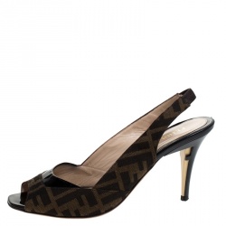 Fendi Tobacco Zucca Canvas and Patent Leather Peep Toe Slingback Sandals Size 39