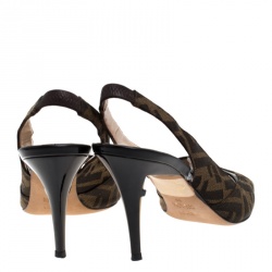 Fendi Tobacco Zucca Canvas and Patent Leather Peep Toe Slingback Sandals Size 39