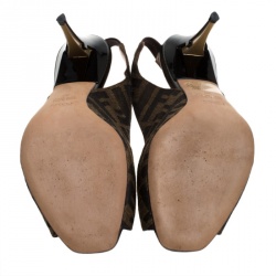 Fendi Tobacco Zucca Canvas and Patent Leather Peep Toe Slingback Sandals Size 39