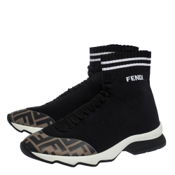 Pre Owned Fendi Black Zucca Fabric Kintted and Leather Sock Sneakers Size 37