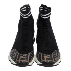 Pre Owned Fendi Black Zucca Fabric Kintted and Leather Sock Sneakers Size 37