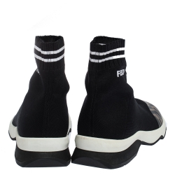 Pre Owned Fendi Black Zucca Fabric Kintted and Leather Sock Sneakers Size 37