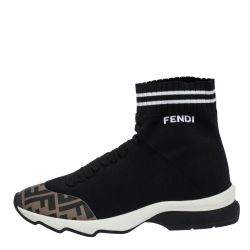 Pre Owned Fendi Black Zucca Fabric Kintted and Leather Sock Sneakers Size 37