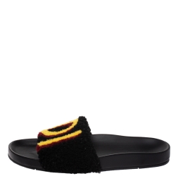 Pre Owned Fendi Black/Yellow Shearling FF Slip On Slides Size 38
