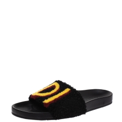 Pre Owned Fendi Black/Yellow Shearling FF Slip On Slides Size 38