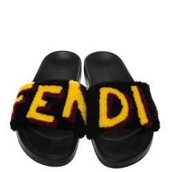 Pre Owned Fendi Black/Yellow Shearling FF Slip On Slides Size 38