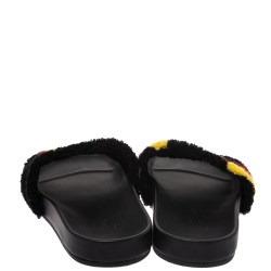 Pre Owned Fendi Black/Yellow Shearling FF Slip On Slides Size 38