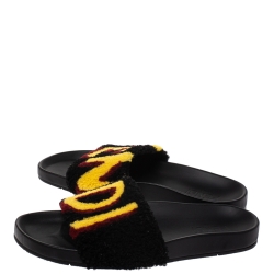 Pre Owned Fendi Black/Yellow Shearling FF Slip On Slides Size 38