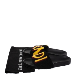 Pre Owned Fendi Black/Yellow Shearling FF Slip On Slides Size 38