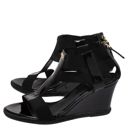 Pre Owned Fendi Black Patent Leather And Elastic Fabric T-Strap Espadrille Wedge Sandals Size 36.5
