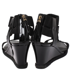 Pre Owned Fendi Black Patent Leather And Elastic Fabric T-Strap Espadrille Wedge Sandals Size 36.5