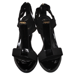 Pre Owned Fendi Black Patent Leather And Elastic Fabric T-Strap Espadrille Wedge Sandals Size 36.5
