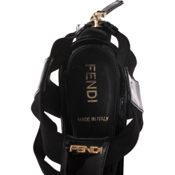 Pre Owned Fendi Black Patent Leather And Elastic Fabric T-Strap Espadrille Wedge Sandals Size 36.5