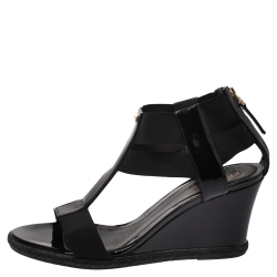 Pre Owned Fendi Black Patent Leather And Elastic Fabric T-Strap Espadrille Wedge Sandals Size 36.5