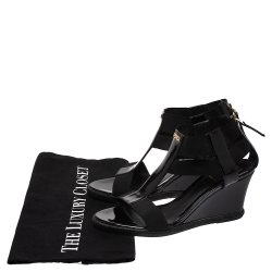 Pre Owned Fendi Black Patent Leather And Elastic Fabric T-Strap Espadrille Wedge Sandals Size 36.5