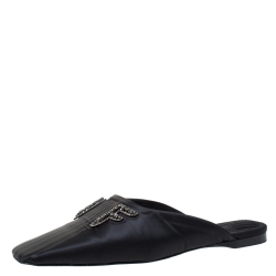 Pre Owned Fendi Black Satin Crystal Embellished FFreedom Mules Size 40