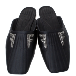 Pre Owned Fendi Black Satin Crystal Embellished FFreedom Mules Size 40