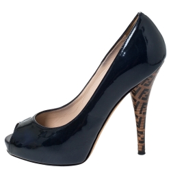 Pre Owned Fendi Dark Blue Patent Leather Zucca Print Heel Peep Toe Platform Pumps Size 35