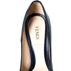 Pre Owned Fendi Dark Blue Patent Leather Zucca Print Heel Peep Toe Platform Pumps Size 35