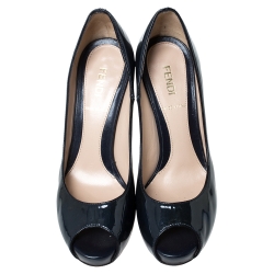 Pre Owned Fendi Dark Blue Patent Leather Zucca Print Heel Peep Toe Platform Pumps Size 35