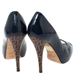 Pre Owned Fendi Dark Blue Patent Leather Zucca Print Heel Peep Toe Platform Pumps Size 35