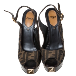 Fendi Tobacco Zucca Canvas Fendista Platform Slingback Sandals Size 37