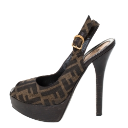 Fendi Tobacco Zucca Canvas Fendista Platform Slingback Sandals Size 37