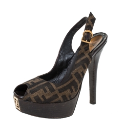 Fendi Tobacco Zucca Canvas Fendista Platform Slingback Sandals Size 37