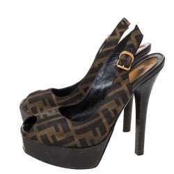 Fendi Tobacco Zucca Canvas Fendista Platform Slingback Sandals Size 37