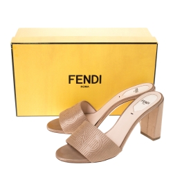 Fendi Beige Satin Logo Embroidered Block Heel Slides Size 38.5