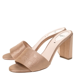 Fendi Beige Satin Logo Embroidered Block Heel Slides Size 38.5