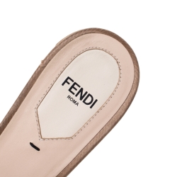 Fendi Beige Satin Logo Embroidered Block Heel Slides Size 38.5