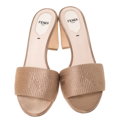 Fendi Beige Satin Logo Embroidered Block Heel Slides Size 38.5
