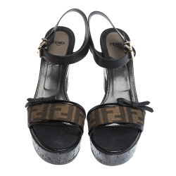 Pre Owned Fendi Tobacco Zucca Canvas And Leather Cork Platform Sandals Size 41