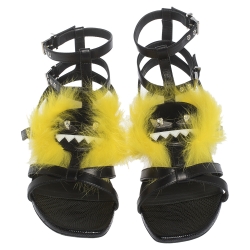 Pre Owned Fendi Black Leather Monster Gladiator Sandals Size 37.5