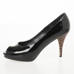 مملوكة مسبقًا Fendi Black Patent Leather Zucca Print Heel Peep Toe Pumps Size 38
