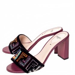 Pre Owned Fendi Black Velvet Multicolor FF Logo Slip On Slides Size 38.5