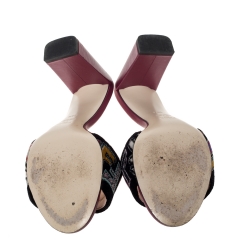 Pre Owned Fendi Black Velvet Multicolor FF Logo Slip On Slides Size 38.5