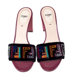Pre Owned Fendi Black Velvet Multicolor FF Logo Slip On Slides Size 38.5