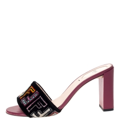 Pre Owned Fendi Black Velvet Multicolor FF Logo Slip On Slides Size 38.5