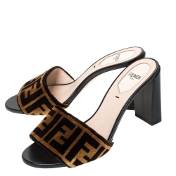 Fendi Brown Zucca Velvet Open Toe Slides Sandals Size 36