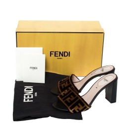 Fendi Brown Zucca Velvet Open Toe Slides Sandals Size 36