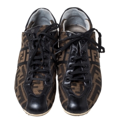 Pre Owned Fendi Brown Zucca Canvas And Leather Trim Low Top Sneakers Size 37