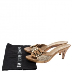 Pre Owned Fendi Beige Zucchino Canvas and Leather FF Buckle Slide Sandals Size 36