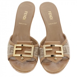 Pre Owned Fendi Beige Zucchino Canvas and Leather FF Buckle Slide Sandals Size 36
