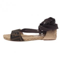 Pre Owned Fendi Tobacco Zucca Tie Detail Flat Espadrilles Size 37