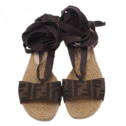 Pre Owned Fendi Tobacco Zucca Tie Detail Flat Espadrilles Size 37